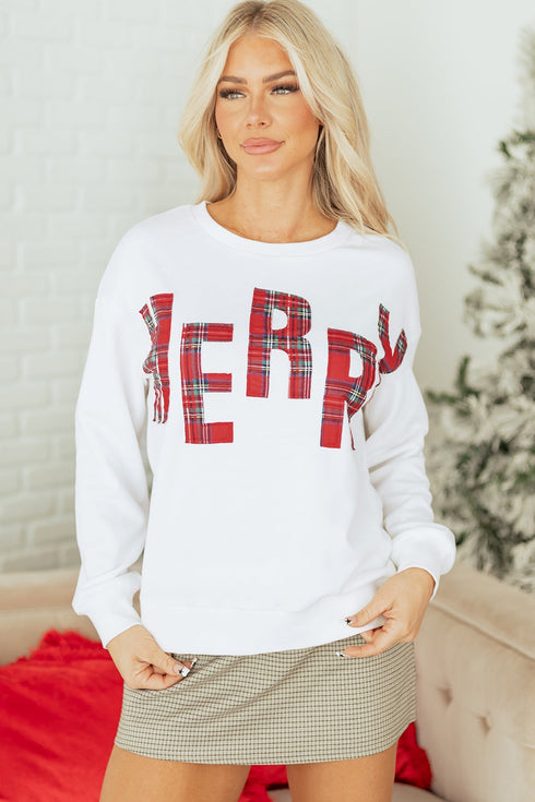 Merry Plaid Graphic Crew Neck Sweatshirt
