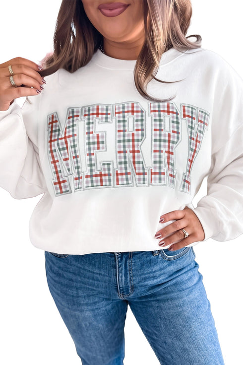 Merry Plaid Letter Applique Relaxed Long Sleeve Pullover Top