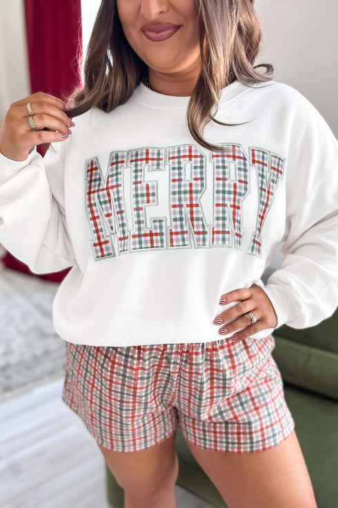 Merry Plaid Letter Applique Relaxed Long Sleeve Pullover Top