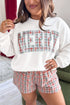 Merry Plaid Letter Applique Relaxed Long Sleeve Pullover Top