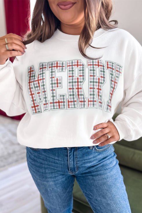 Merry Plaid Letter Applique Relaxed Long Sleeve Pullover Top