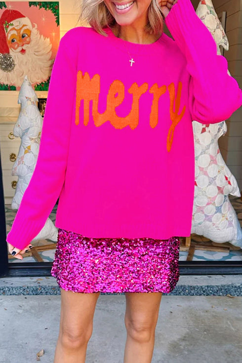 Merry Print Ribbed Trim Round Neck Loose Fit Sweater