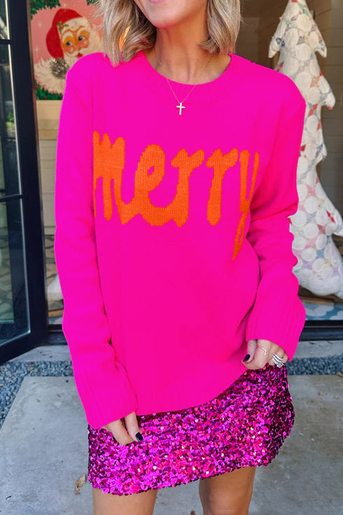 Merry Print Ribbed Trim Round Neck Loose Fit Sweater