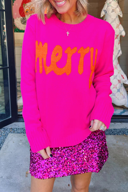 Merry Print Ribbed Trim Round Neck Loose Fit Sweater