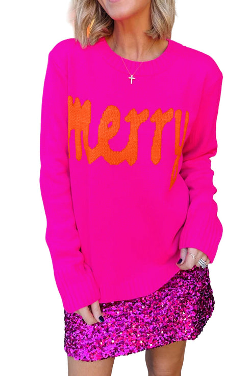 Merry Print Ribbed Trim Round Neck Loose Fit Sweater