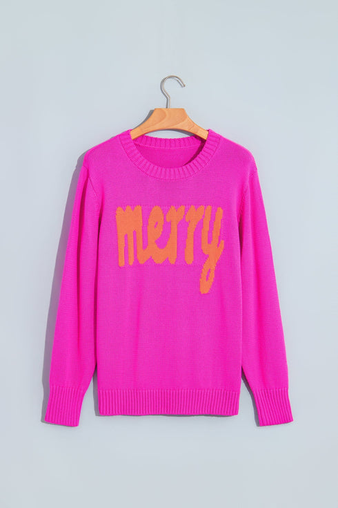 Merry Print Ribbed Trim Round Neck Loose Fit Sweater