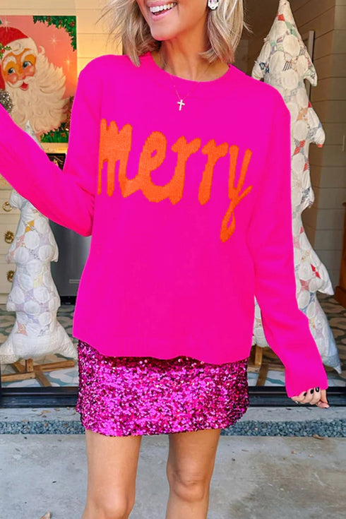 Merry Print Ribbed Trim Round Neck Loose Fit Sweater