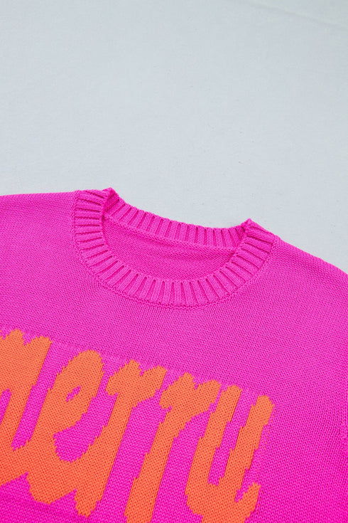 Merry Print Ribbed Trim Round Neck Loose Fit Sweater