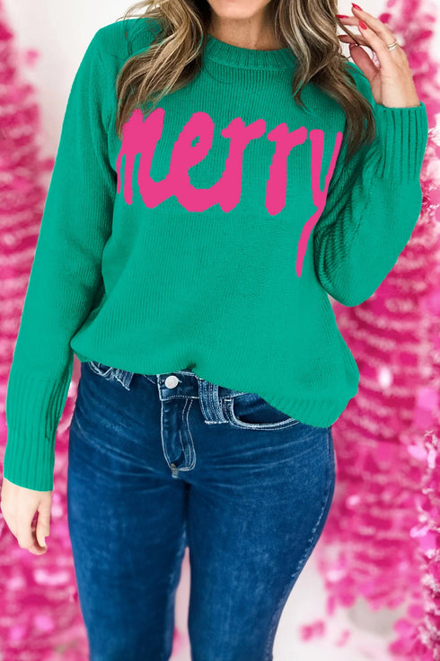 Merry Print Ribbed Trim Round Neck Loose Sweater