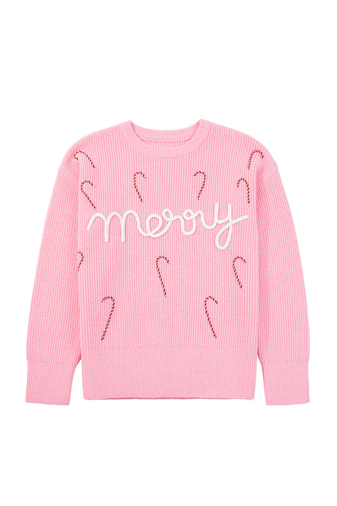 Merry Script And Candy Cane Graphic Ribbed Sweater