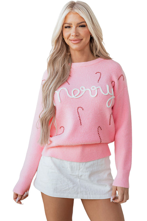 Merry Script And Candy Cane Graphic Ribbed Sweater