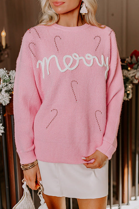 Merry Script And Candy Cane Graphic Ribbed Sweater