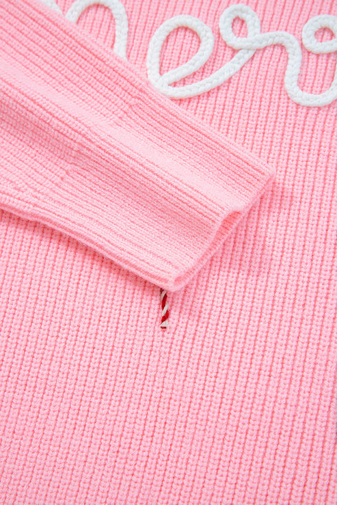 Merry Script And Candy Cane Graphic Ribbed Sweater