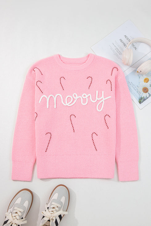 Merry Script And Candy Cane Graphic Ribbed Sweater