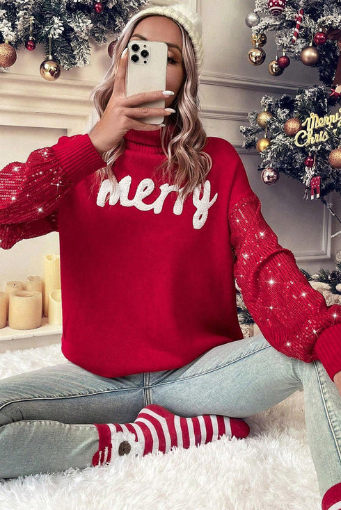 Merry Script Graphic Sequin Sleeve Turtleneck Sweater