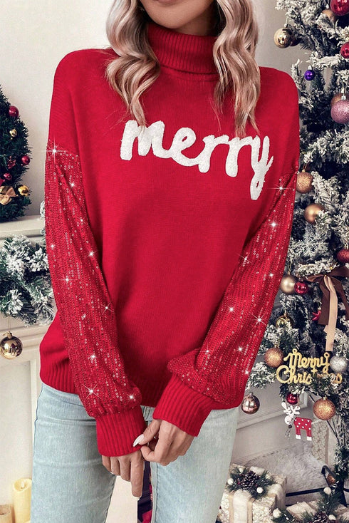 Merry Script Graphic Sequin Sleeve Turtleneck Sweater