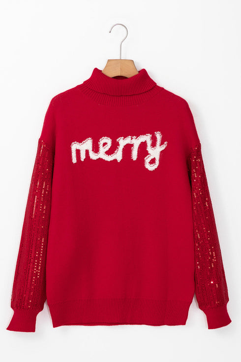Merry Script Graphic Sequin Sleeve Turtleneck Sweater