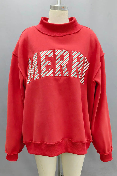 Merry Slogan Embroidered Stand Neck Long Sleeve Shift Sweatshirt
