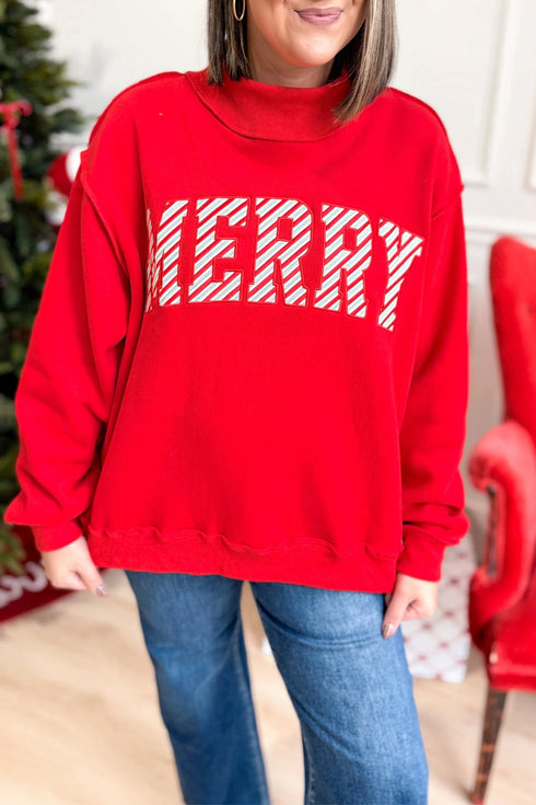 Merry Slogan Embroidered Stand Neck Long Sleeve Shift Sweatshirt