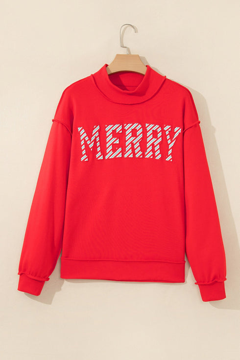 Merry Slogan Embroidered Stand Neck Long Sleeve Shift Sweatshirt