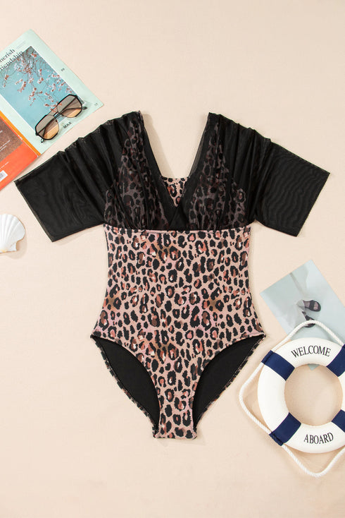 Mesh Patchwork V Neck Half Sleeve One Piece Swimsuit