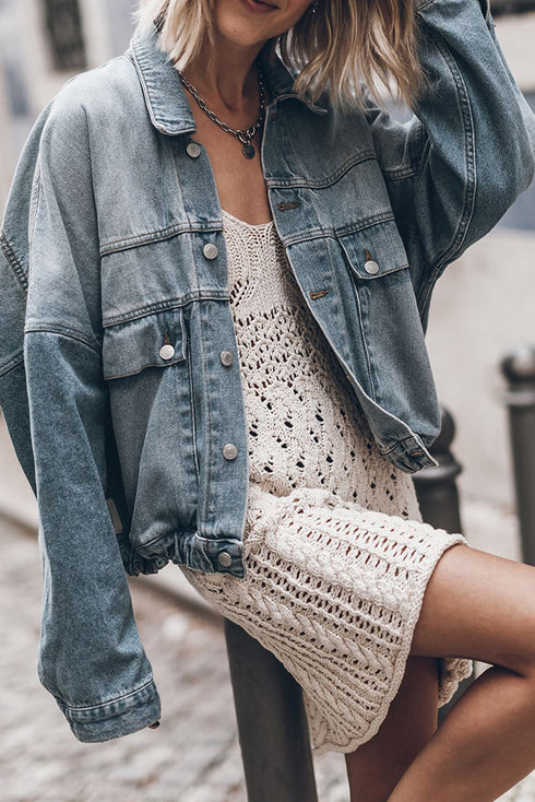 Metal Buttons Flap Pocket Drop Shoulder Denim Jacket