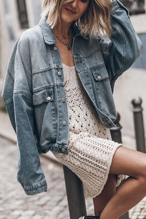 Metal Buttons Flap Pocket Drop Shoulder Denim Jacket