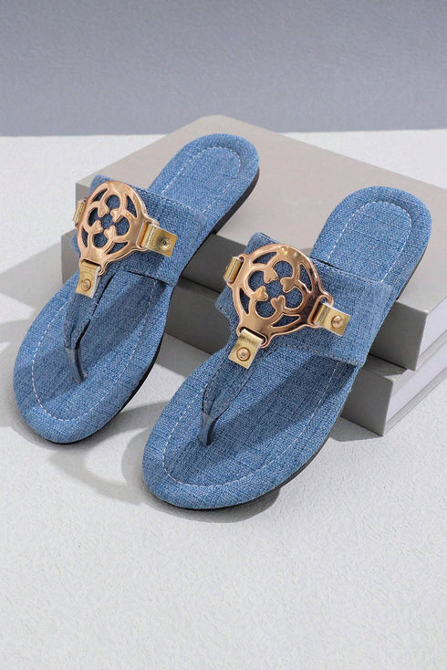 Metal Decor Detail Flat Thong Slide Slippers