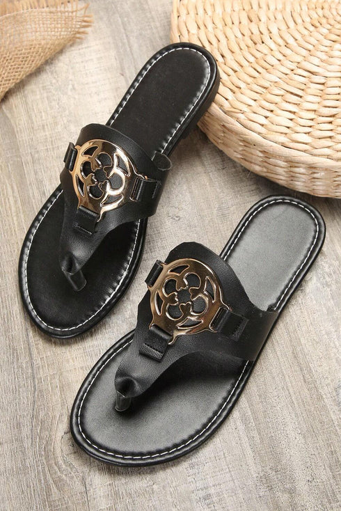 Metal Decor Detail Flat Thong Slide Slippers