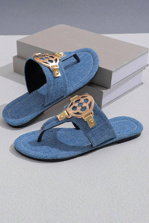 Metal Decor Detail Flat Thong Slide Slippers