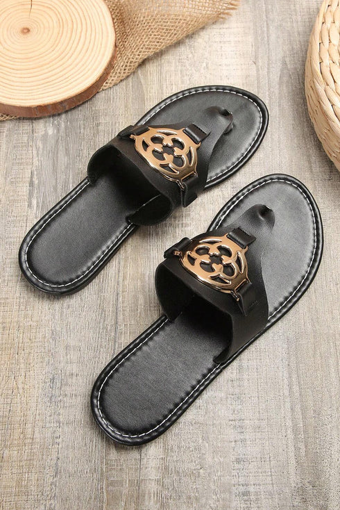 Metal Decor Detail Flat Thong Slide Slippers