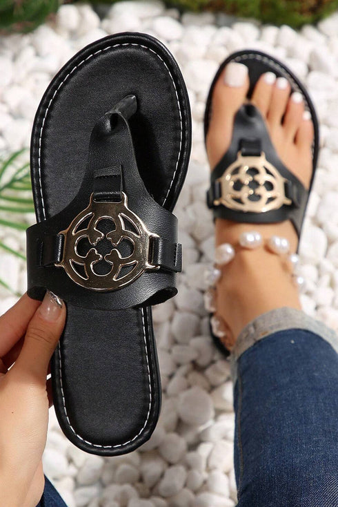 Metal Decor Detail Flat Thong Slide Slippers