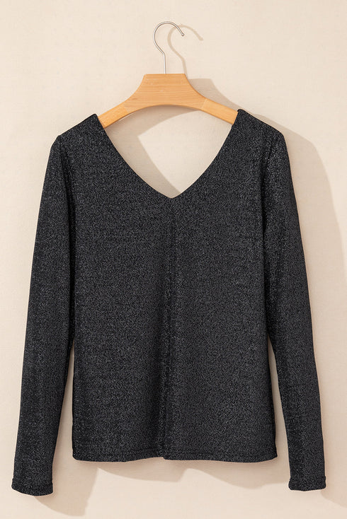 Metallic Bowknot Open Back V Neck Long Sleeve Top