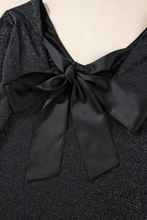 Metallic Bowknot Open Back V Neck Long Sleeve Top