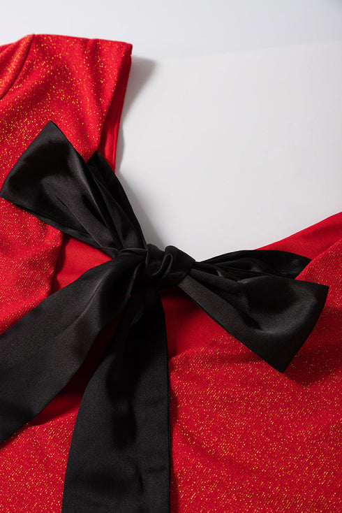 Metallic Bowknot Open Back V Neck Long Sleeve Top