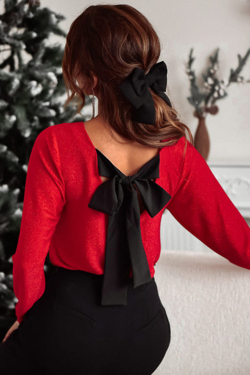 Metallic Bowknot Open Back V Neck Long Sleeve Top