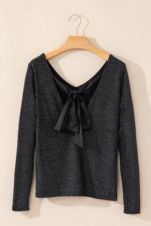 Metallic Bowknot Open Back V Neck Long Sleeve Top