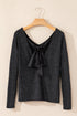Metallic Bowknot Open Back V Neck Long Sleeve Top