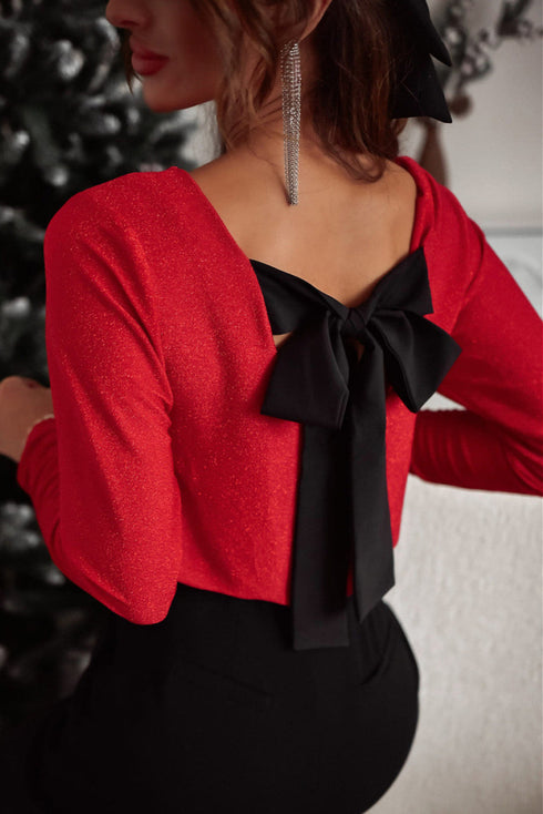 Metallic Bowknot Open Back V Neck Long Sleeve Top