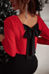 Metallic Bowknot Open Back V Neck Long Sleeve Top
