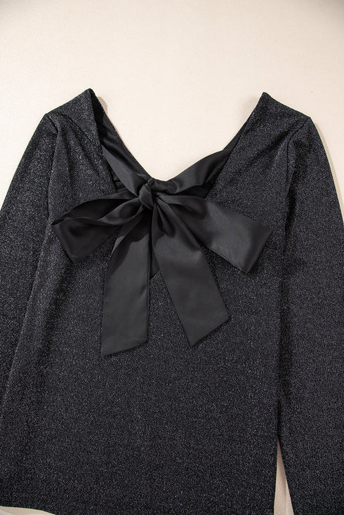 Metallic Bowknot Open Back V Neck Long Sleeve Top