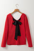 Metallic Bowknot Open Back V Neck Long Sleeve Top
