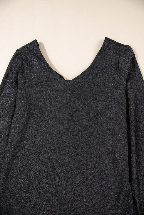Metallic Bowknot Open Back V Neck Long Sleeve Top