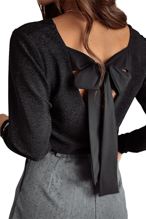 Metallic Bowknot Open Back V Neck Long Sleeve Top