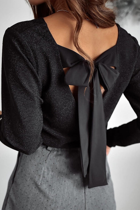 Metallic Bowknot Open Back V Neck Long Sleeve Top