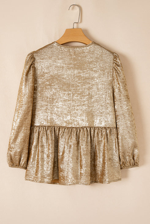 Metallic Crinkle Tie Front Long Sleeve Peplum Blouse