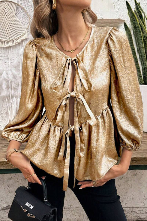 Metallic Crinkle Tie Front Long Sleeve Peplum Blouse