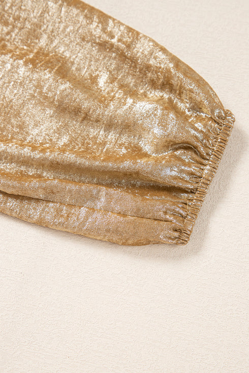 Metallic Crinkle Tie Front Long Sleeve Peplum Blouse