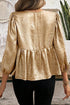 Metallic Crinkle Tie Front Long Sleeve Peplum Blouse