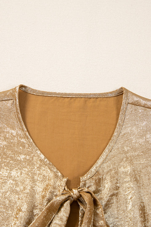 Metallic Crinkle Tie Front Long Sleeve Peplum Blouse
